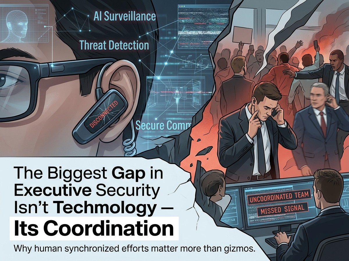 Illustration of disconnected executive protection, cyber, and physical security teams during a converged threat